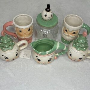 Johanna Parker Christmas Mugs and Creamer Pastel Set Lot of 6
